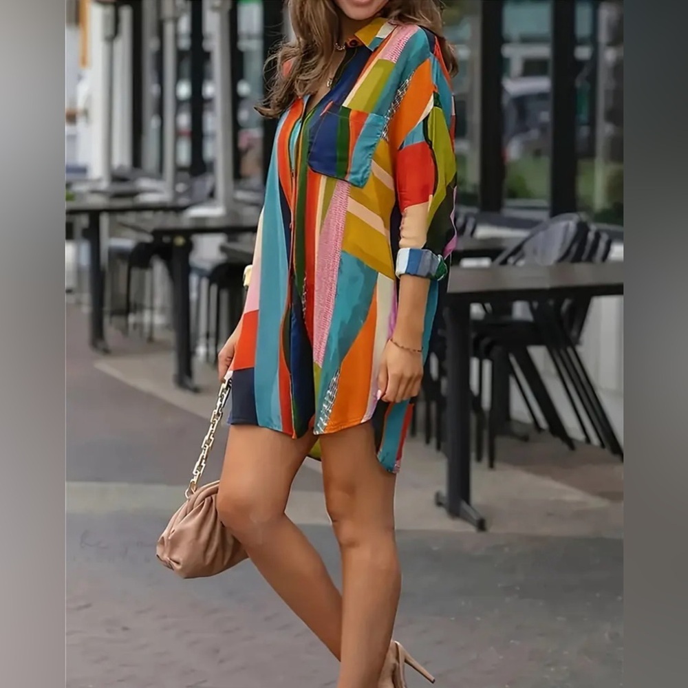 Colorful Geo Print Shirt, Casual Button Front Long Sleeve Shirt